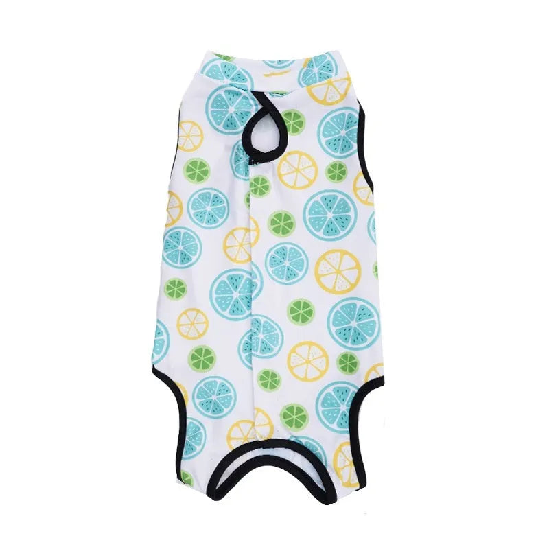 Adjustable Velcro cat recovery suit for post-surgery sterilisation protection in multiple colours.