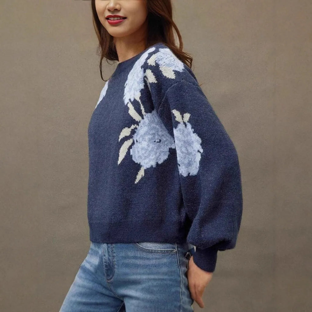 Women's sapphire blue floral jacquard pullover sweater with loose casual fit and chenille fabric