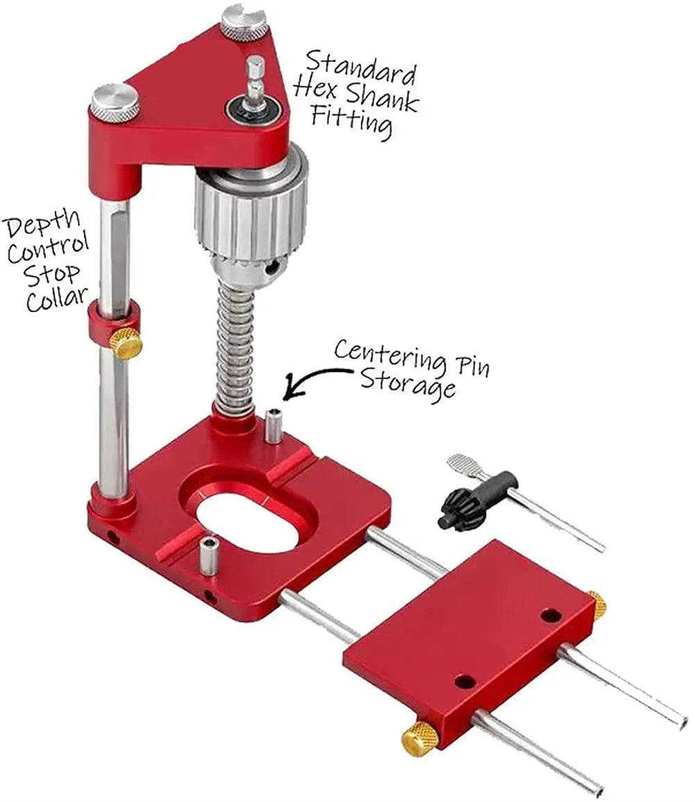 Woodworking drill locator with metal body and red or black plastic guide for drilling wood