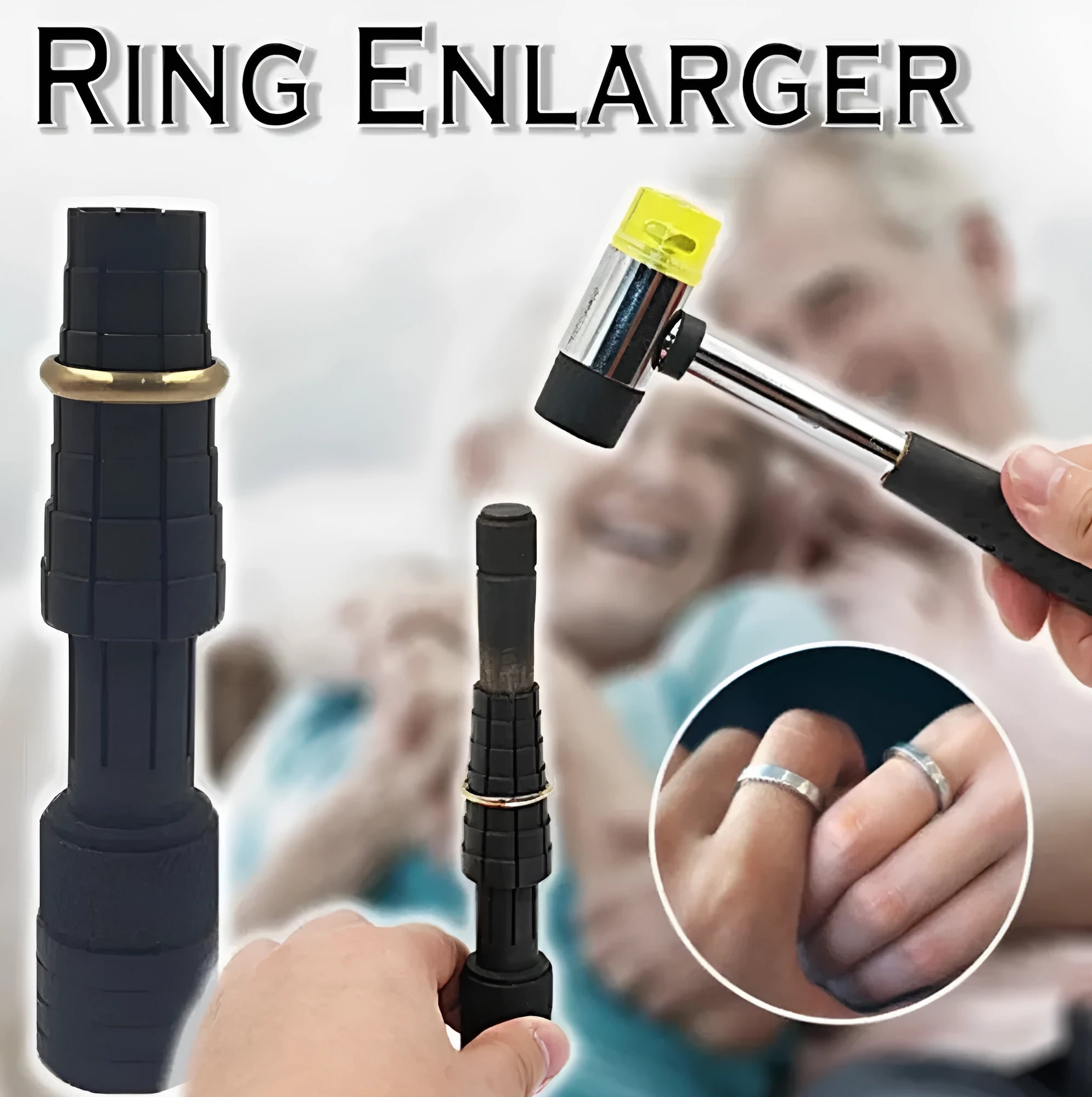 Plastic ring expansion tool with rotating expander mechanism and rubber hammer for jewellery size adjustment