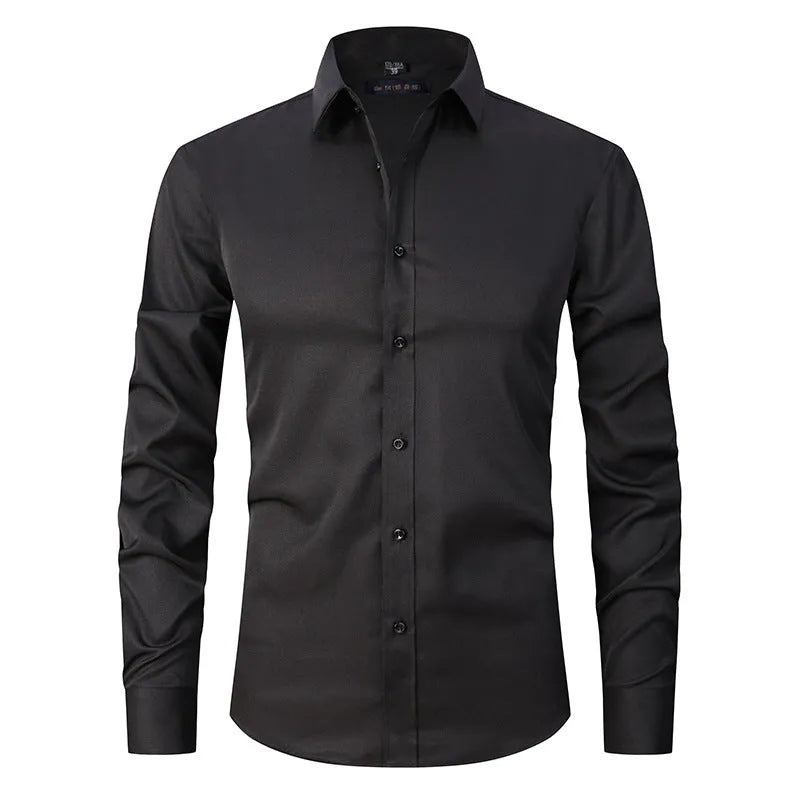 Man wearing a solid-colour stretch long sleeve work shirt made from polyester fabric.