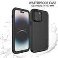 Black frosted TPU waterproof anti-fall protective case for iPhone, shown alongside optional pink and blue colour variants.