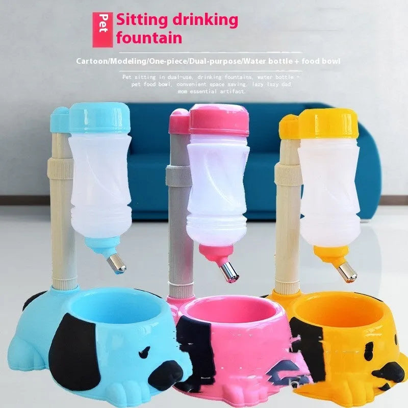 Adjustable rod-lifting pet drinking bowl in blue colour showing height mechanism