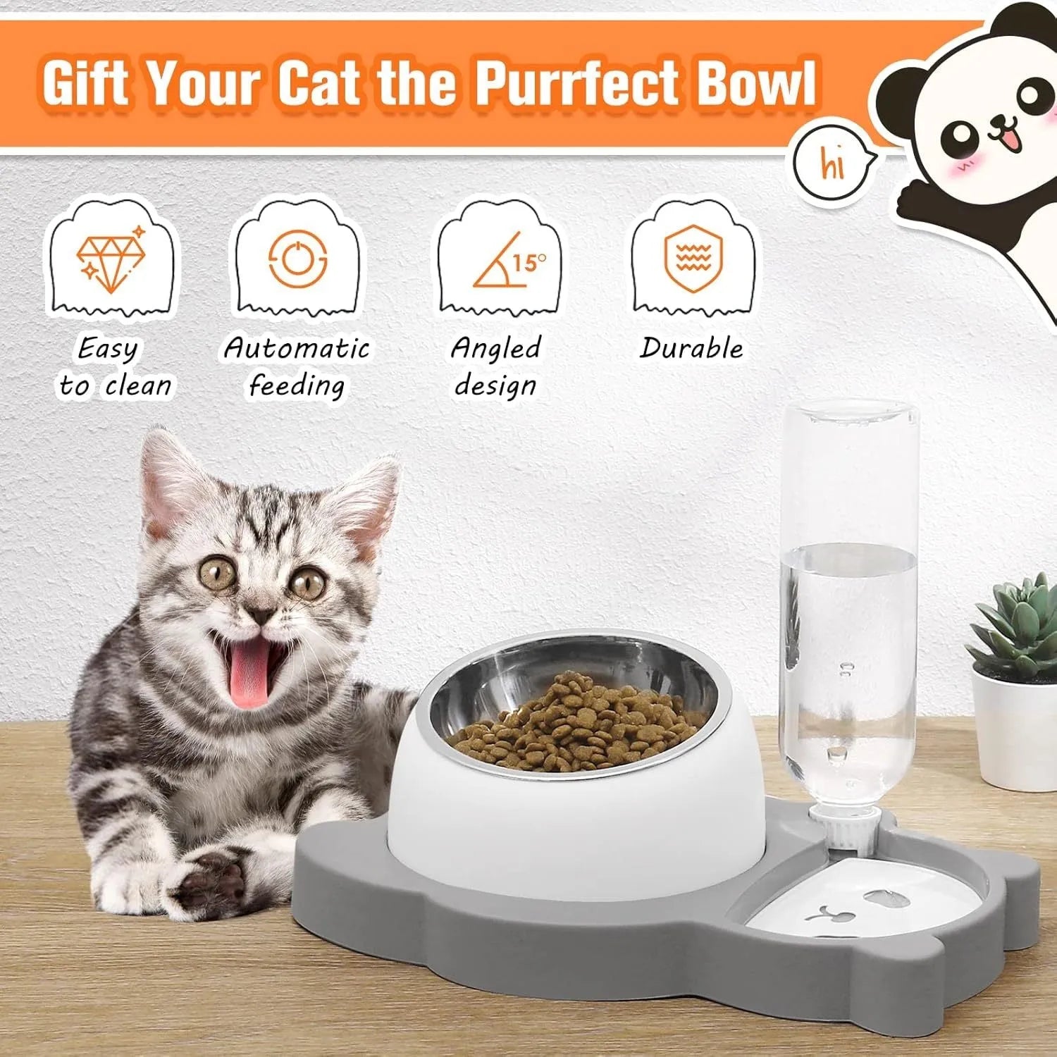 Grey pet bowl set with automatic water dispenser and tilted stainless steel feeding bowls