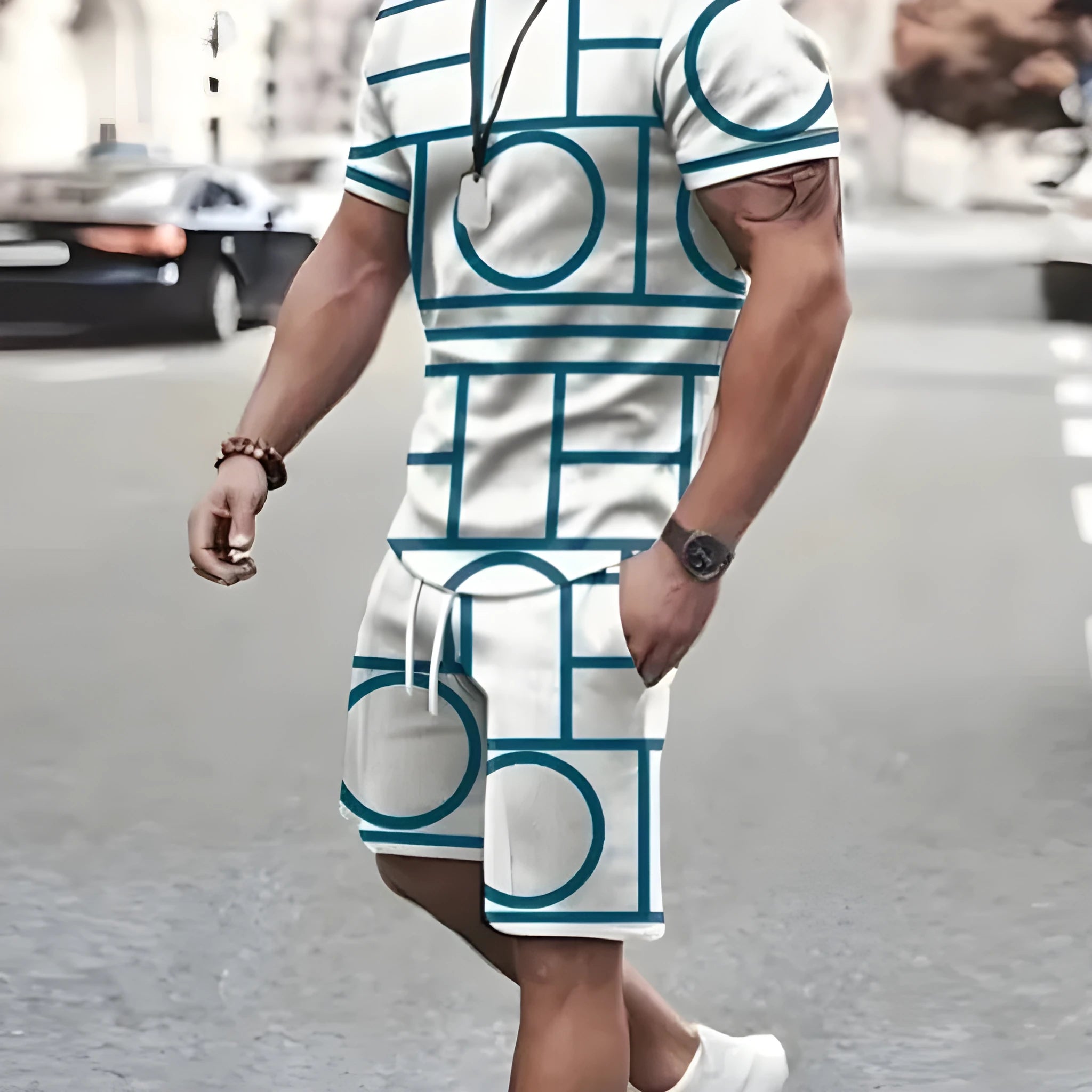 Sports short-sleeved T-shirt and shorts two-piece set in polyester fabric for summer outdoor wear