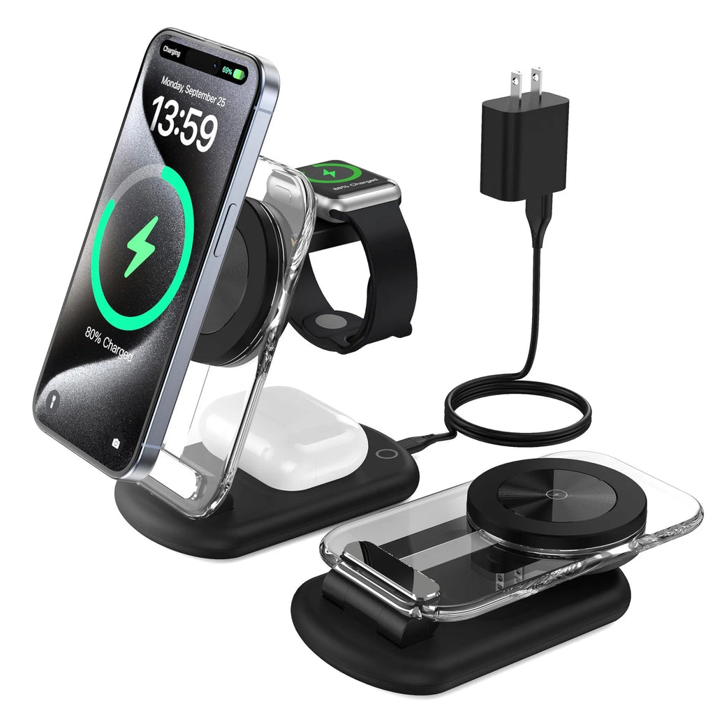 Transparent folding magnetic three-in-one wireless charger in black on a table