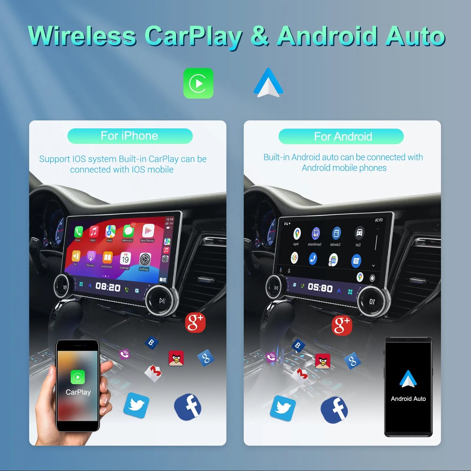 11.8-inch Android car stereo with dual knobs and QLED screen on a dashboard