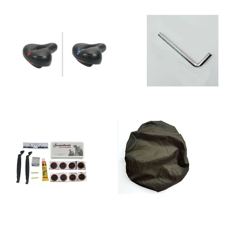 Thickened silicone bicycle saddle cushion with PU leather cover and included waterproof cover, wrench, and tyre patch
