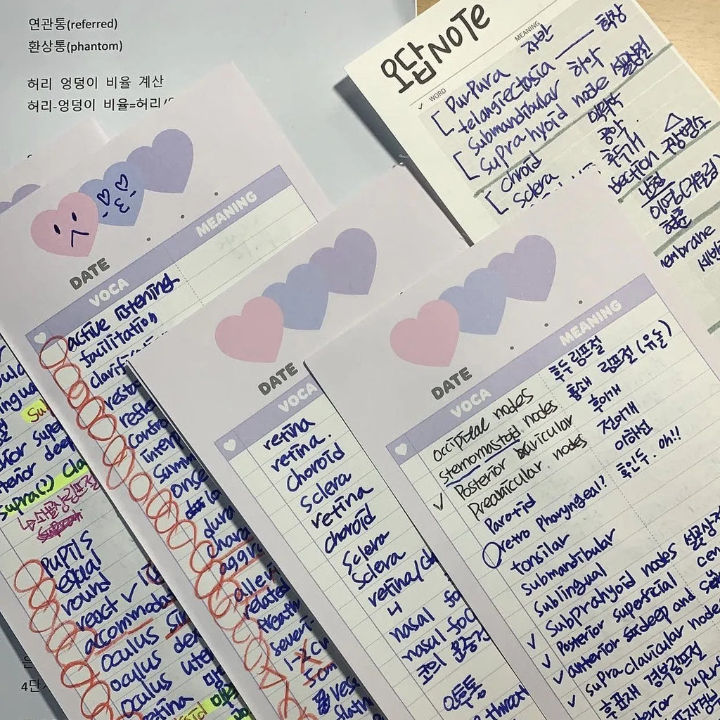 Vertical format English vocabulary notepad in B5 half size showing pink cover and double-sided printed pages