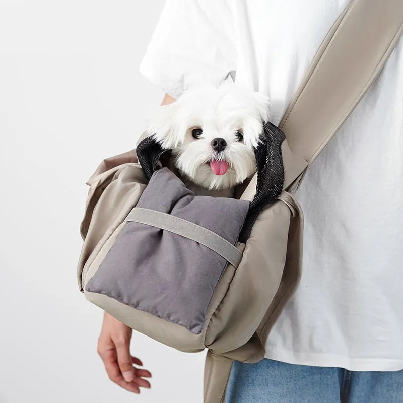 Apricot coloured cloth pet carrier handbag with shoulder strap for dogs and cats