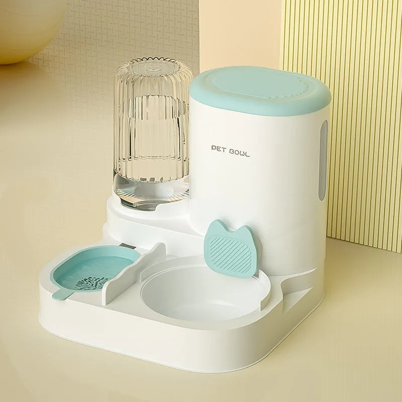 Automatic cat water fountain with integrated stainless steel double feeding bowl in avocado green colour