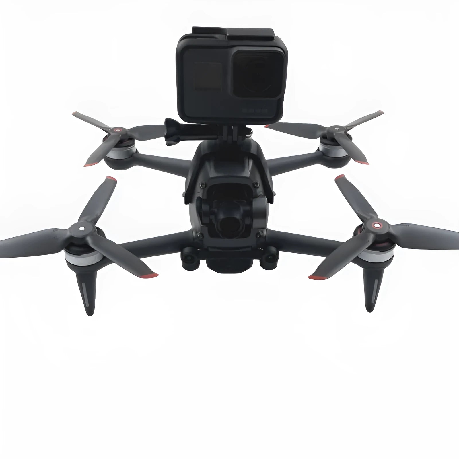 3D printed hard plastic FPV drone expansion bracket with soft sponge for top-mounting GoPro cameras.