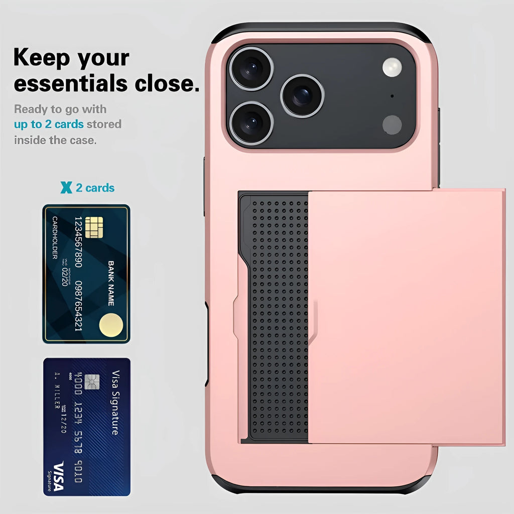 Army Green iPhone case with a built-in sliding card slot, showing front and back views.