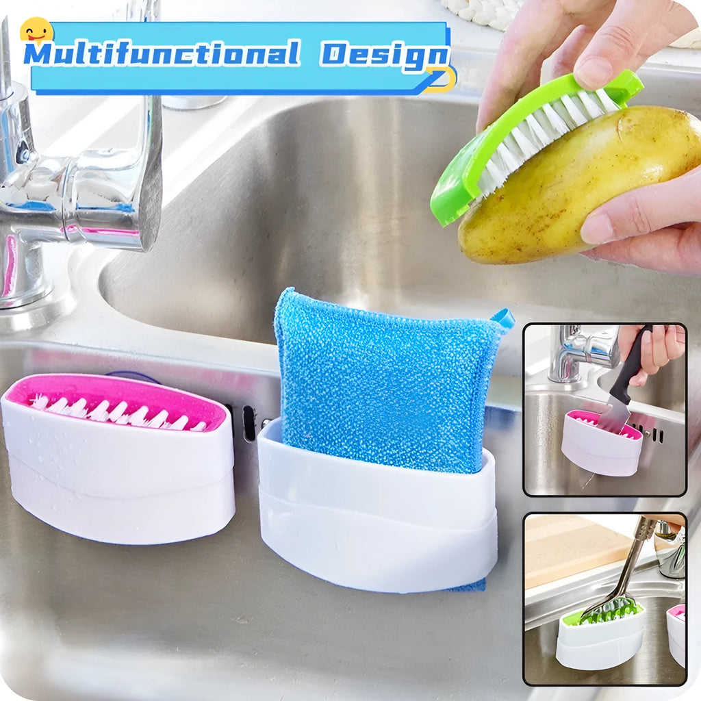 Kitchen cleaning brush with knife fork chopstick scrubbers and suction cup base in blue green pink colours