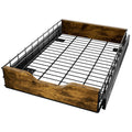 Black modern storage rack with pull-out baskets, made from wood and iron.