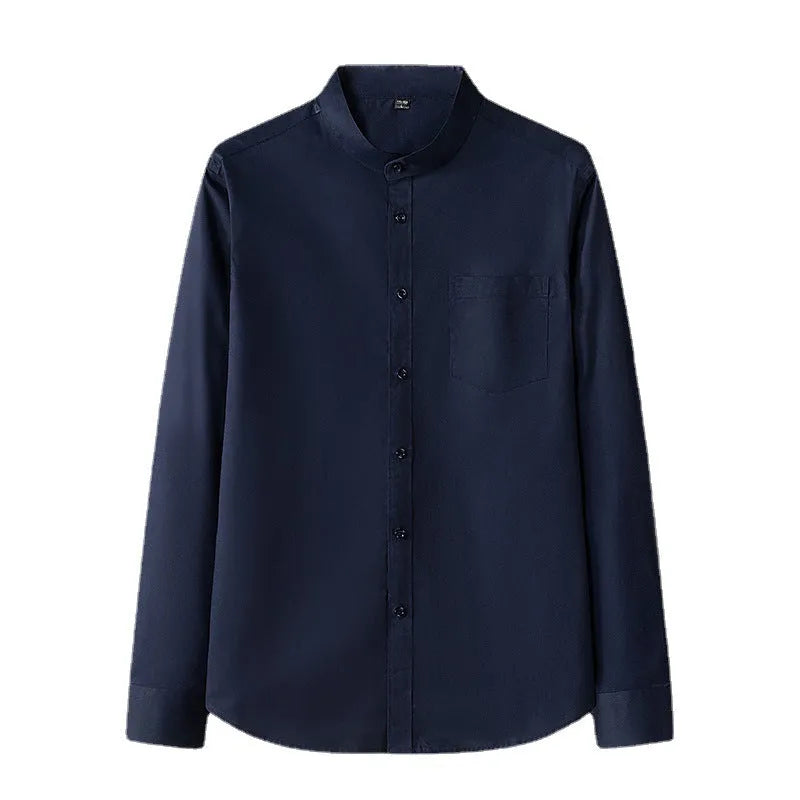 Men's stand collar long sleeve slim fit pocket shirt in black, white, and gray colours, front view