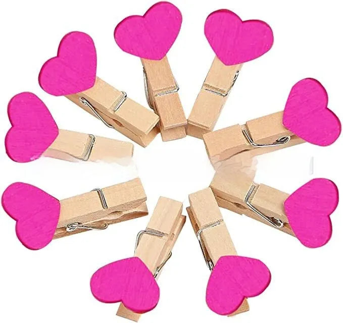 Five handmade solid wood heart-shaped clips in red, white, yellow, rose, and pink colours.
