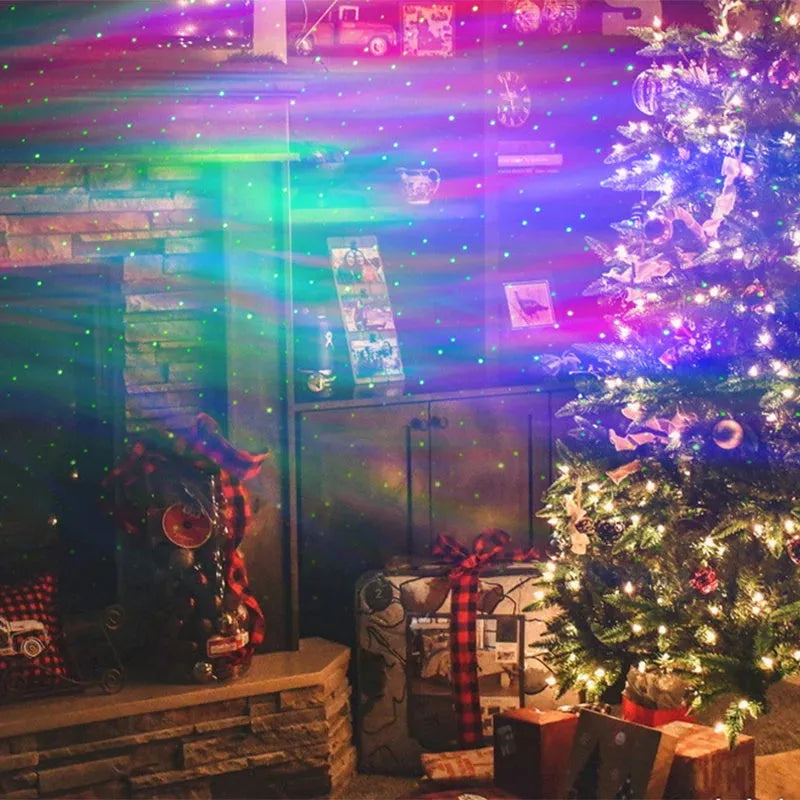 White Northern Lights galaxy star projector with remote control showing galaxy projection effects