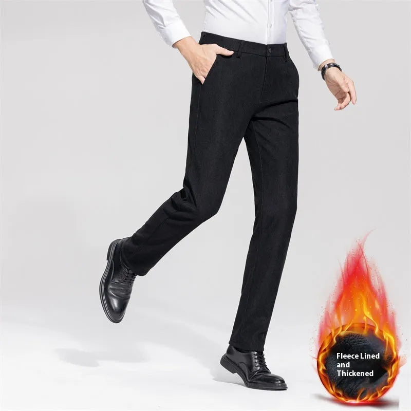Men's fleece-lined casual trousers in black and navy blue, sizes 29-40, mid-waist with zipper fly