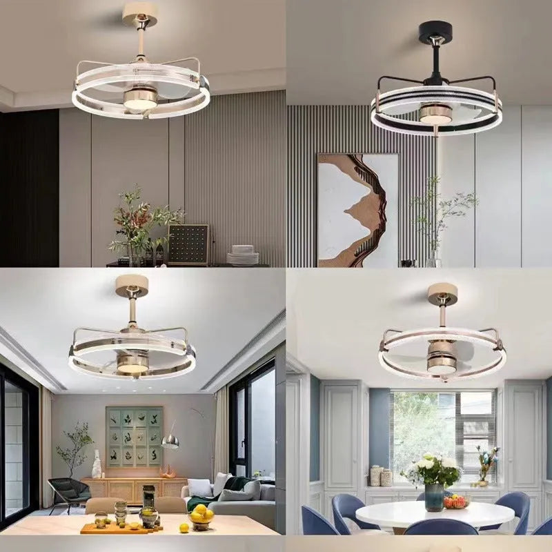 Modern remote-controlled ceiling fan light with acrylic shade and ABS blades in black or gold finish