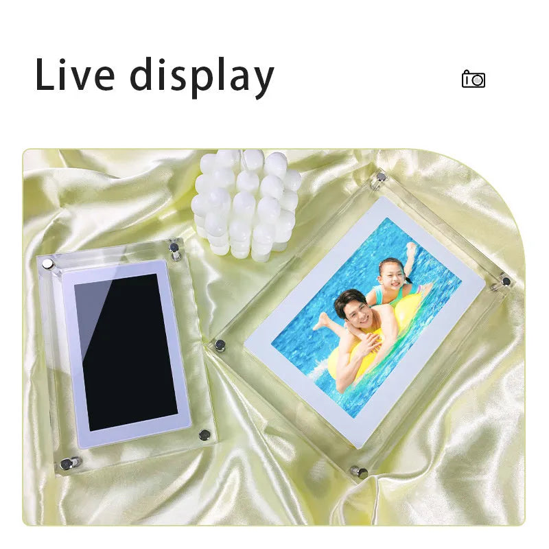White acrylic digital picture frame with 5 inch vertical screen on a table