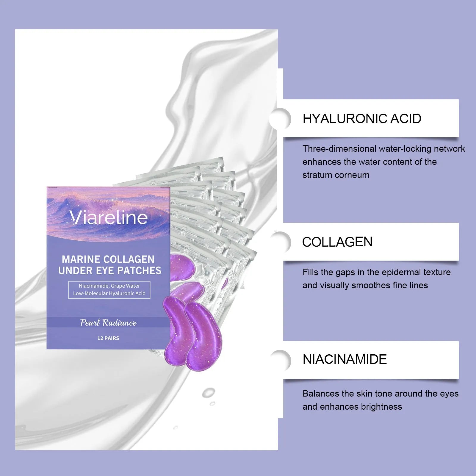 Collagen eye mask 12-pack with hyaluronic acid and grape water ingredients