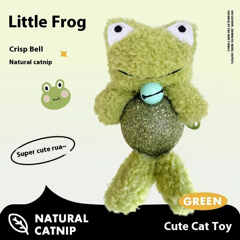 Plush catnip toy shaped like a character, showing scale next to a 4cm mint ball, with a bell visible inside.