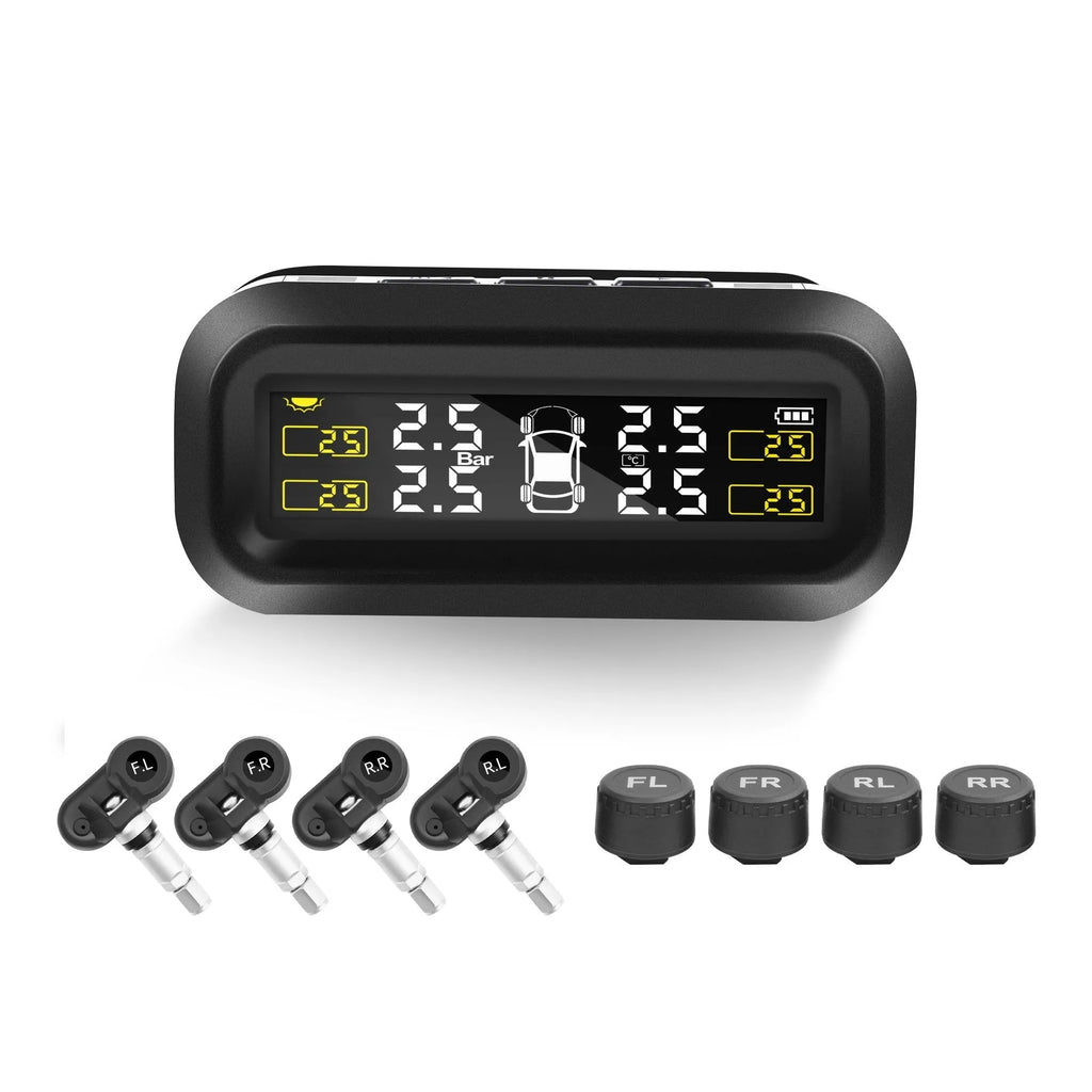 Solar wireless car tyre pressure monitoring system with colour screen display and four sensors
