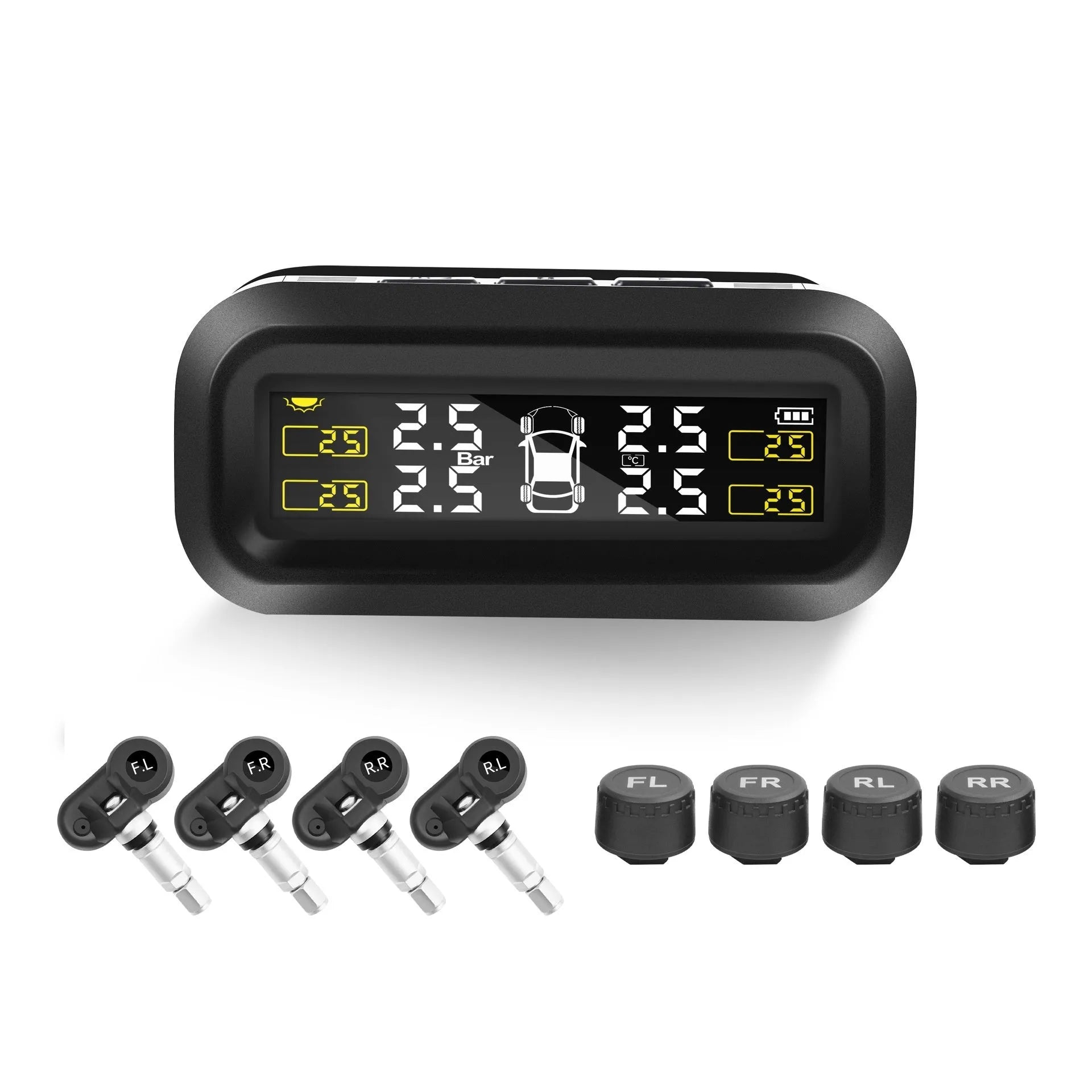 Solar wireless car tyre pressure monitoring system with colour screen display and four sensors