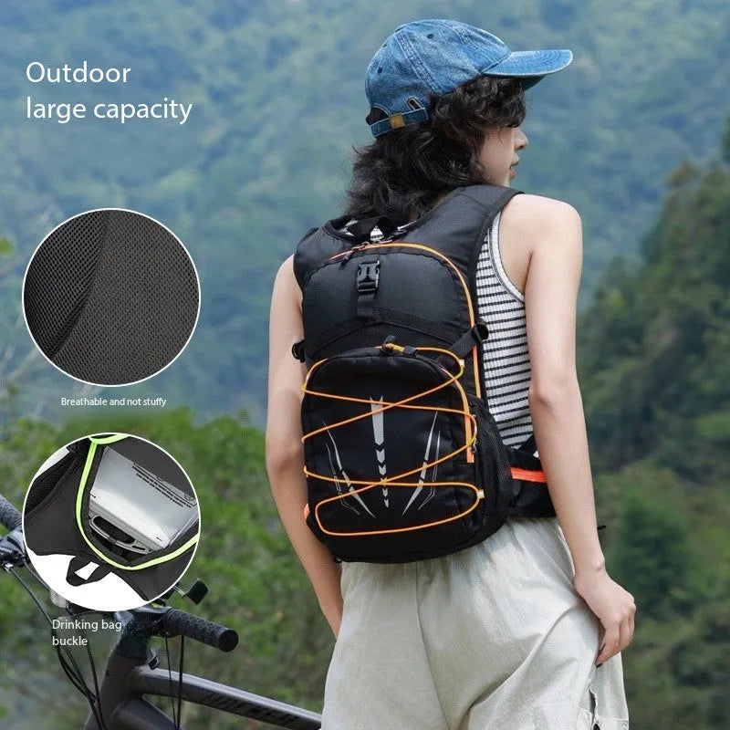 Lightweight hydration backpack with reflective details in black for trail running and mountain biking