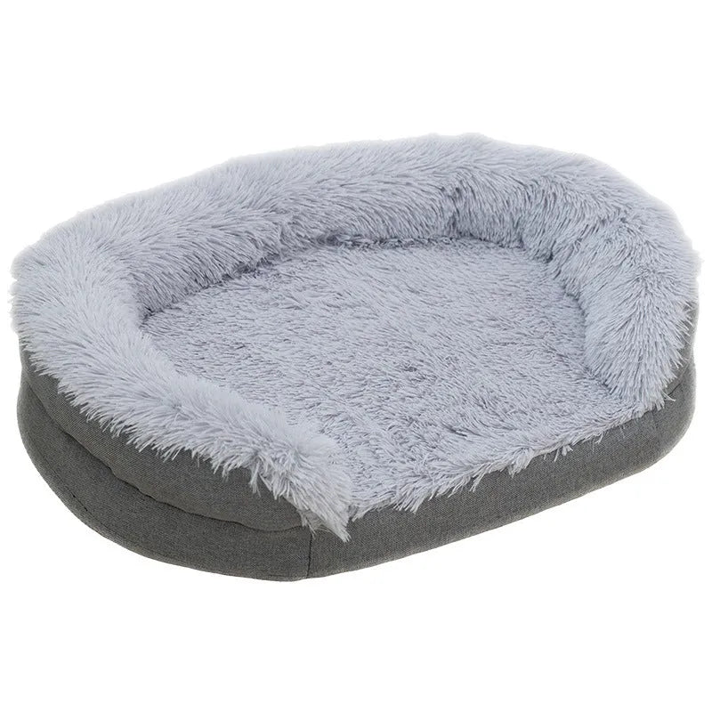 Winter warm pet plush large kennel for dogs, gray, oval open nest 100x75x18cm