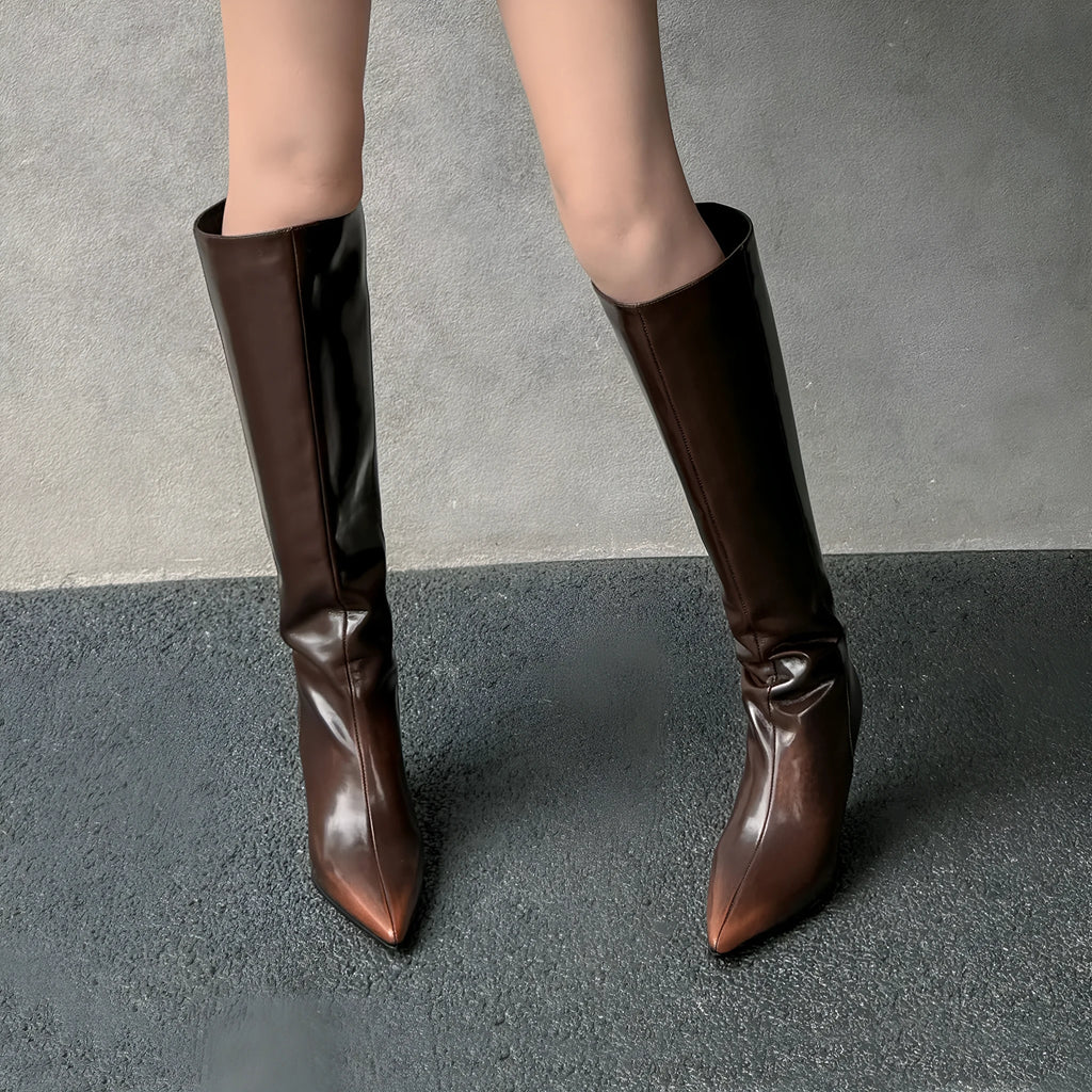 Cowhide wedge high heel boots pointed toe long boots black rubber sole 6-8CM