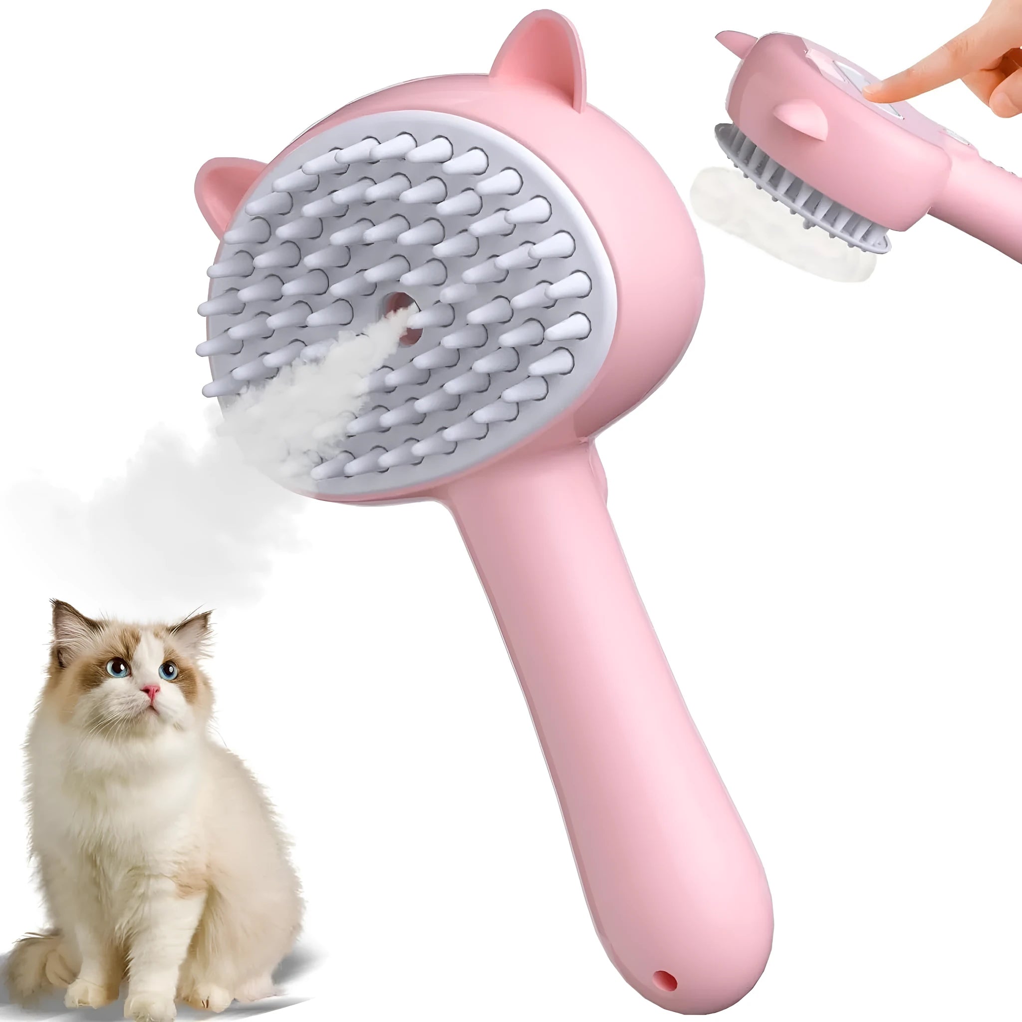 Cat ear-shaped steam grooming brush with blue handle and rubber bristles for pet hair removal