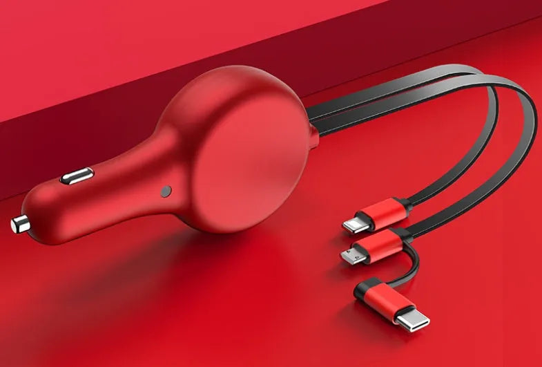 Black retractable car charger with two extended cables showing USB and Type-C heads plugged into a car socket.
