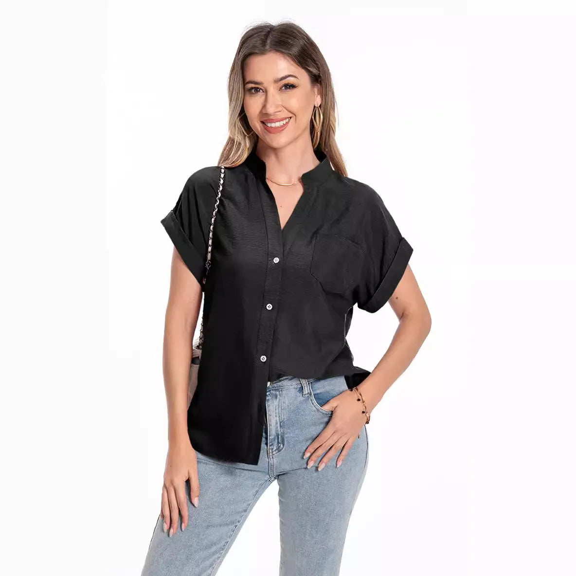 Women's loose fit short sleeve button-down top with stand collar in Army Green