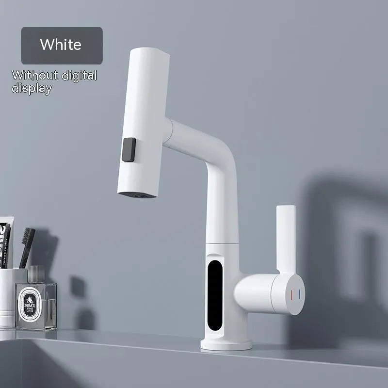Modern pull-out kitchen faucet with digital temperature display on a black finish, showing extended hose.