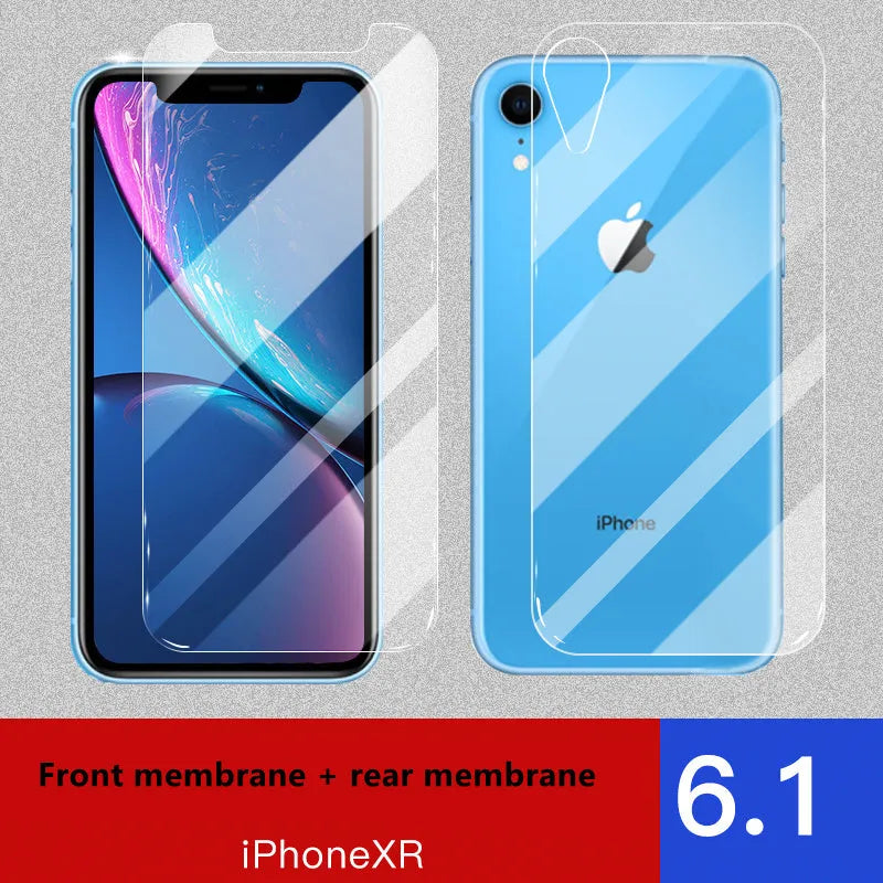 iPhone tempered glass screen protector set showing front and rear films for 11, X, and XR models.