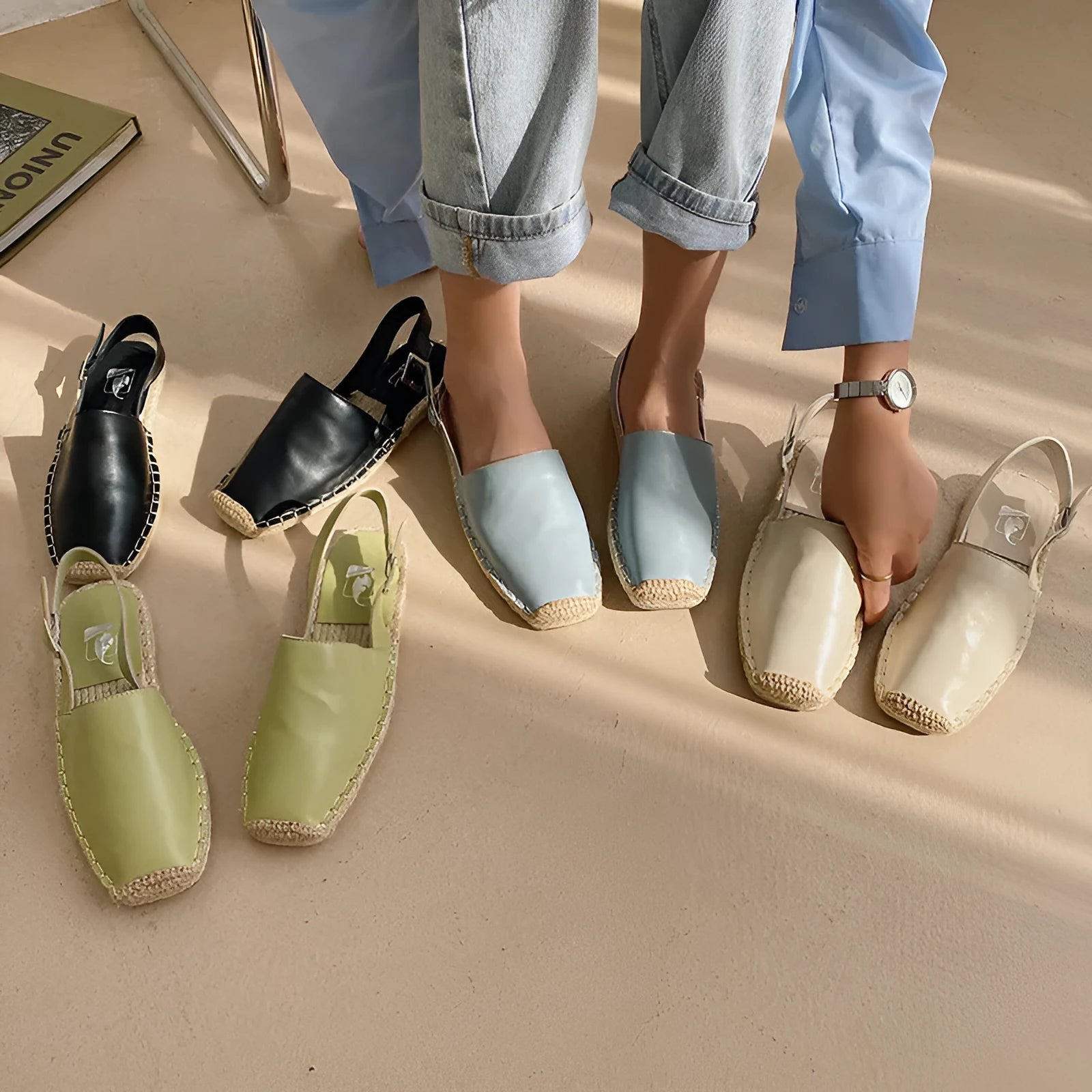 Women's beige retro fisherman flat sandals made of soft leather and animal pattern canvas with a flat sole.