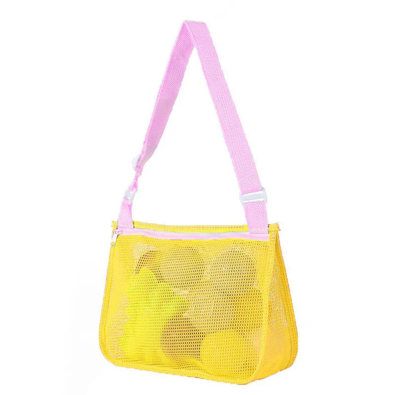 Blue nylon mesh travel storage organiser bag for children's toys and clothing, sealed, measuring 20x25x8cm.