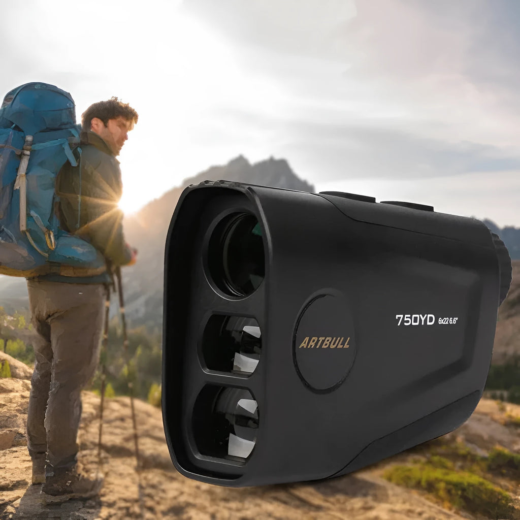 Golf laser rangefinder with LCD display showing distance measurement, USB Type-C charging port visible
