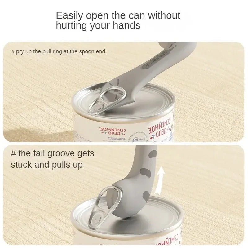 Silicone pet spoon with can opener function and matching food tin sealing cover in three colour options