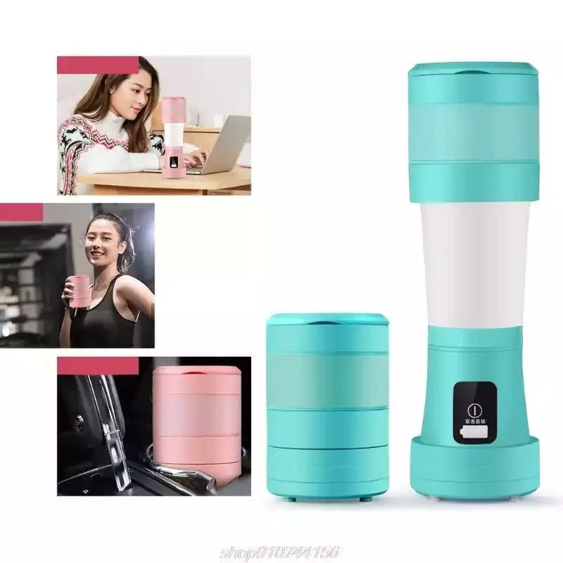 Blue portable USB blender with 450ml cup and folding design for travel smoothies