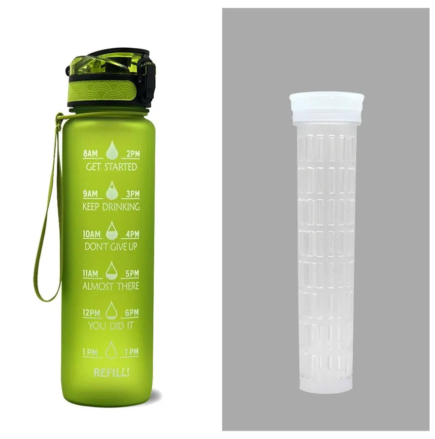 Blue and red gradient 1 litre Tritan sports water bottle with time markers and flip-top lid