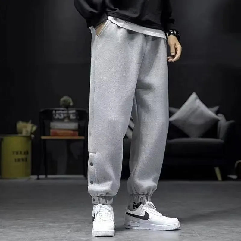 Cotton blend velvet padded skinny ankle strap casual trousers in black, autumn winter sportswear