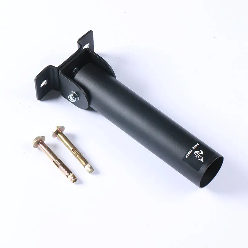 Steel wall-mounted barbell gun barrel rack with 25 tubes for rod storage.