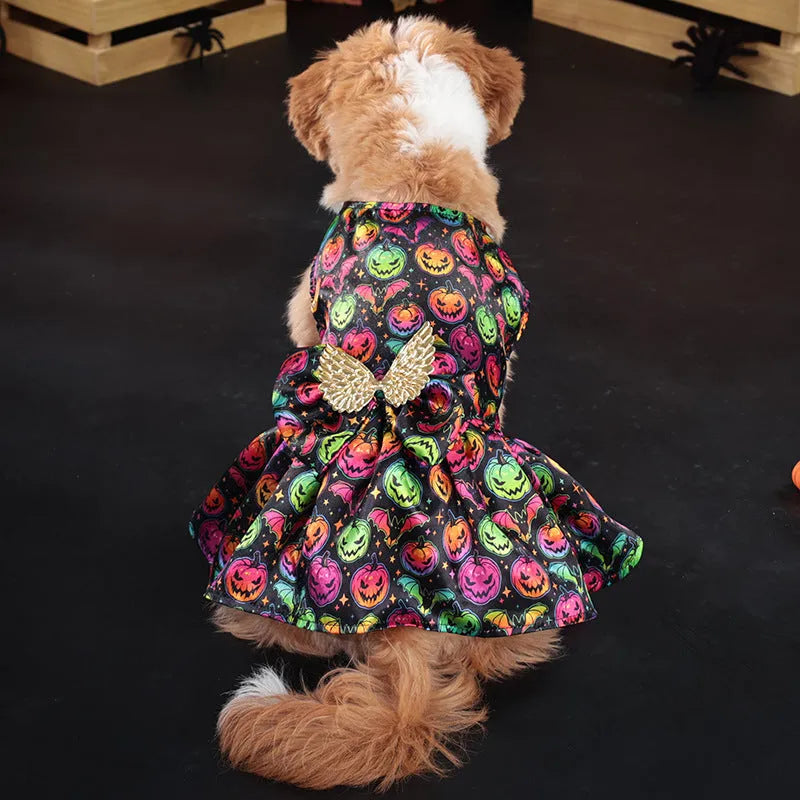 Dog wearing orange angel wings Halloween costume with bright pumpkin design.