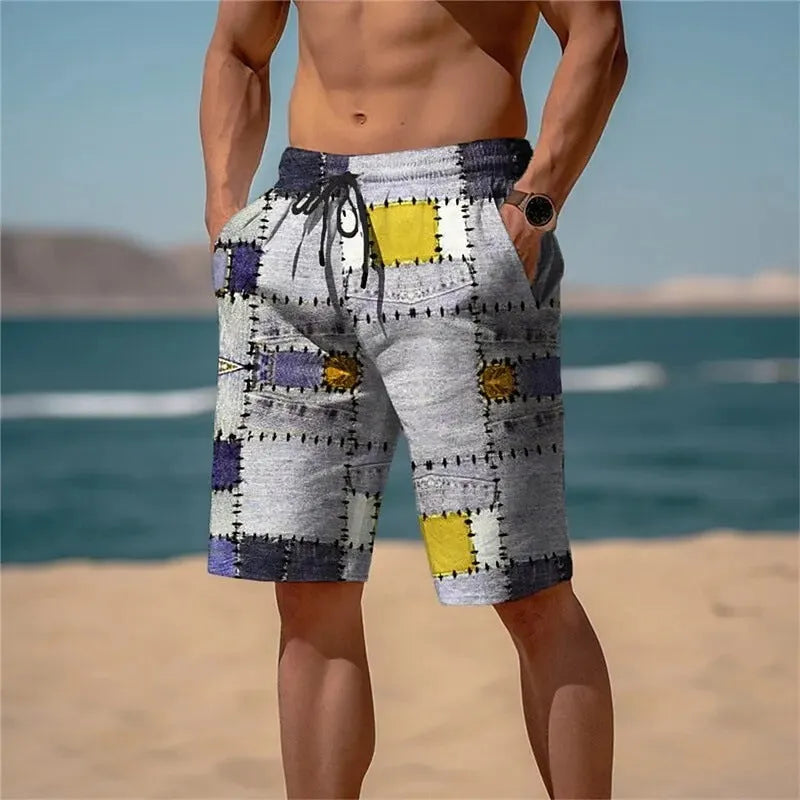 Men's 3D plaid mesh shorts in a loose fit, showing the patterned detail and elasticated waist.