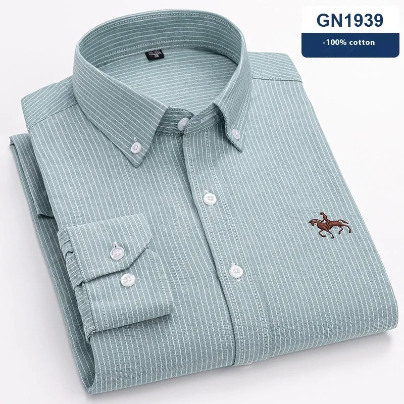 Men's long sleeve Oxford cotton casual shirt shown in one of four available colours.