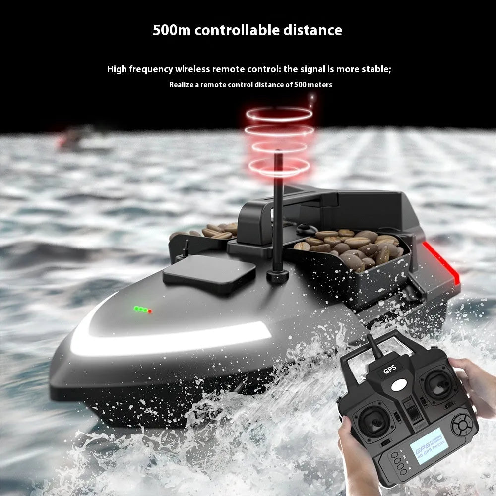 V020 black remote control fishing boat with GPS antenna on a calm lake.