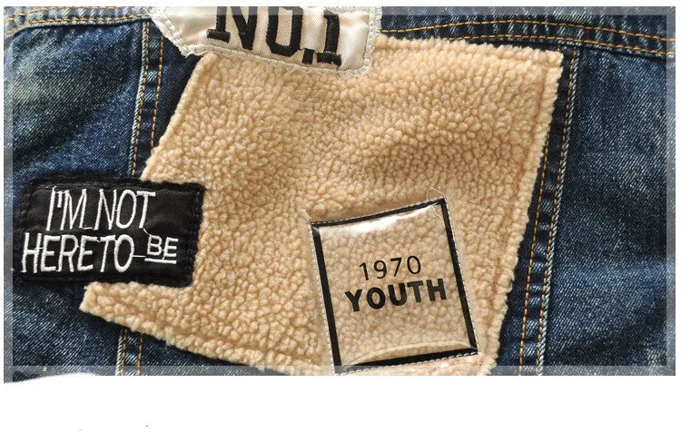 Children's baby thickened Korean style fur collar denim jacket in denim colour with square collar